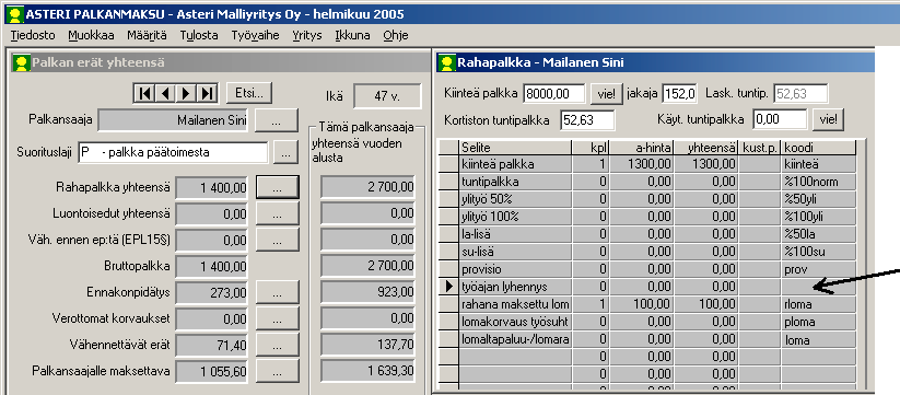 10/32 Vusoipäivitys 21.3.2005 Asteri Windows Palkanmaksu 6 A-HINNAN LASKENTAKAAVAT Pekkaskorvausten ym. laskennallisten palkkatietojen syöttämistä helpottaa zx-koodausmahdollisuus.