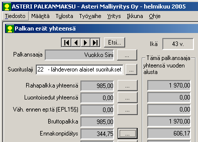 14/32 Vusoipäivitys 21.3.2005 Asteri Windows Palkanmaksu Lähdeveroprosentti syötetään Ennakonpidätys [ ]-kohtaan esimerkiksi kausikohtaisella menetelmällä syöttäen sekä perus- että lisäprosentiksi