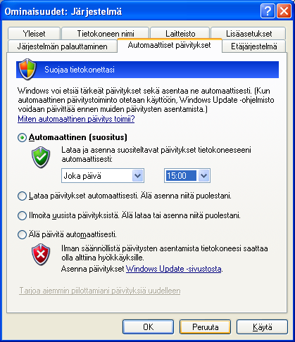 KRTT Oulu Windows XP mallikoneen asetukset 2008 Kimmo Rousku sivu 11(28) Valitse Automaattiset päivitykset välilehti.