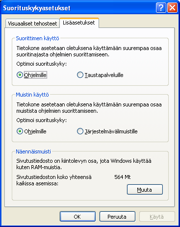 KRTT Oulu Windows XP mallikoneen asetukset 2008 Kimmo Rousku sivu 12(28) Valitse uudelleen Suorituskyky-välilehti ja sieltä Suorituskyky Asetukset.