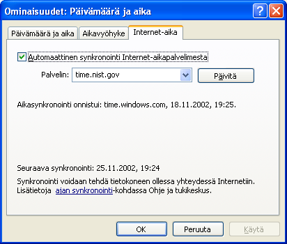 KRTT Oulu Windows XP mallikoneen asetukset 2008 Kimmo Rousku sivu 15(28) Ohjauspaneeli päivämäärä ja aika Jos käytössäsi on nntp-aikaprotokollaa tukeva aikapalvelin, syötä sen osoite kohtaan