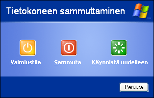 KRTT Oulu Windows XP mallikoneen asetukset 2008 Kimmo Rousku sivu 18(28) Huomaa, normaalisti sammuttaessasi tietokonetta sinulle tulee oletuksena nämä kolme vaihtoiehtoa.