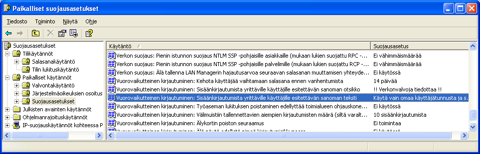 KRTT Oulu Windows XP mallikoneen asetukset 2008 Kimmo Rousku sivu 21(28) Jos haluat tiedottaa käyttäjille kirjautumisen yhteydessä jotakin, voit tehdä sen kohdan Vuorovaikutteinen kirjautuminen: