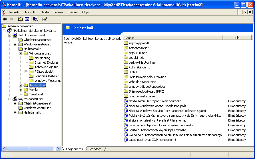KRTT Oulu Windows XP mallikoneen asetukset 2008 Kimmo Rousku sivu 22(28) Paikallinen tietokone-käytäntö - koskee kaikkia koneeseen kirjautuvia (konetta käyttäviä) käyttäjiä Käyttäjäasetukset -