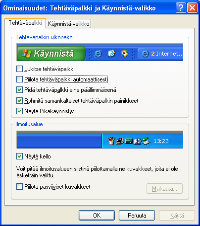 KRTT Oulu Windows XP mallikoneen asetukset 2008 Kimmo Rousku sivu 4(28) Valitse tehtäväpalkin ominaisuuksista (oikea painike tehtäväpalkin kohdalla