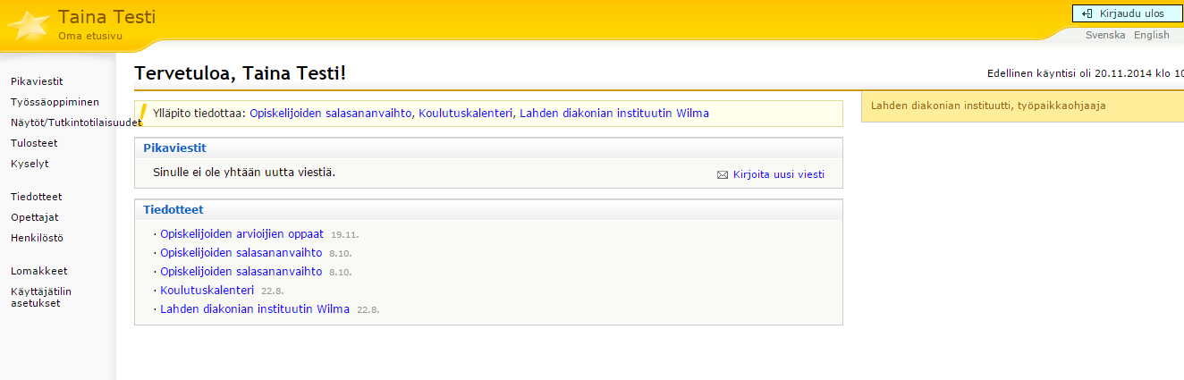 1. Kirjaudu omilla tunnuksillasi Wilmaan sisään osoitteessa https://dila.starsoft.fi 2 Käyttäjätunnuksesi on etunimi.sukunimi Ensimmäisellä kirjautumiskerralla vaihdat salasanasi.