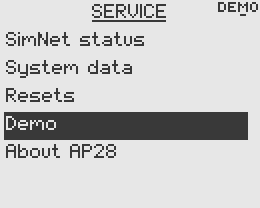 Demo Autopilotti sisältää demo-moodin, mikä on hyödyllinen laitteen esittelyssä ja siihen tutustuttaessa. Kaikkea datasivuilla näytettävä dataa voidaan simuloida.