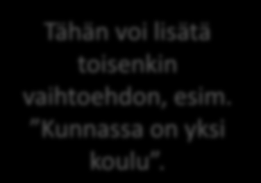 1) Lisää ympyröityihin kohtiin eri ratkaisuvaihtoehdot Lisää tähän nykytilannetta kuvaava tilanne, esim. Kunnassa on viisi koulua.