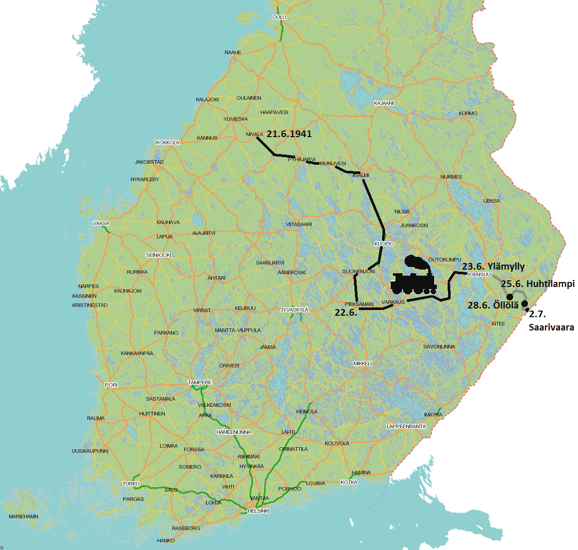 Veikko Hietalan marssi rintamalle jatkosotaan 1941 Kuva 7. 6./KTR 4:n marssi Nivalasta rintamalle Saarivaaraan nykyaikaiselle kartalle sijoitettuna JATKOSODAN HYÖKKÄYSVAIHE 6.7.41.Kello 11.05 11.21.