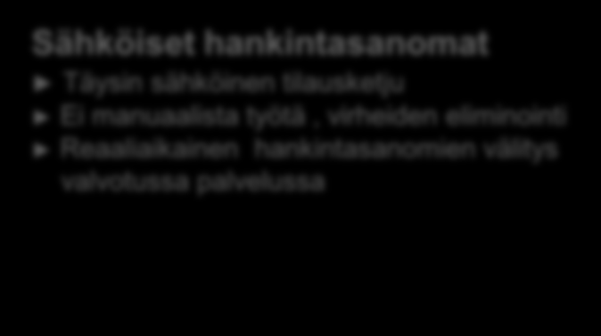 Kustannustehokkuus Kohti sähköistä toimittajaverkostoa Sähköiset hankintasanomat Täysin sähköinen tilausketju Ei manuaalista työtä, virheiden eliminointi Reaaliaikainen hankintasanomien välitys