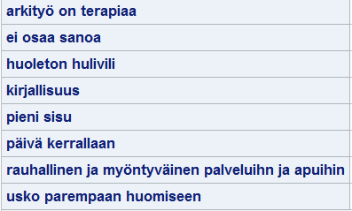 Voimavarat Itse ilmaistut voimavarat (n) (%) a. Positiivinen luonne ja elämän asenne 17 47 b. Uskonnollinen vakaumus 5 14 c. Hyväksi koettu terveys 12 33 d. Hyvä toimintakyky 10 28 e.