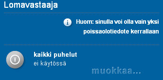 Elisa Oyj Elisa Ring 44 (52) 10 Kun olet tehnyt kaikki haluamasi asetukset valitse Tallenna. Asetukset astuvat välittömästi voimaan. 3.4.9 Lomavastaaja Voit määrittä itsellesi käyttöön loma tai poissaolo tiedotteen, jonka soittaja kuulee soittaessa sinulle.