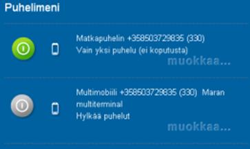 Kuva 112 Puhelin käytössä/ei käytössä Valitsemalla puhelimen kohdalla valinta muokkaa voit