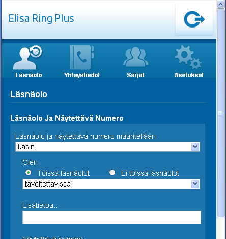 Elisa Oyj Elisa Ring 5 (52) Kuva 4 Elisa Ring plus 3 Elisa Ring Plus palveluiden käyttö 3.1 Läsnäolo Läsnäolo asetuksissa käyttäjä määrittelee läsnäolon sekä soittaessa näkyvän numero.