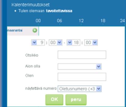 Viitteen lähdettä ei löytynyt.). 6 Voit kirjoittaa vapaavalintaisen viestin Olen-kenttään (katso Virhe. Viitteen lähdettä ei löytynyt.). 7 Valitse mitä puhelinnumeroa näytetään soittaessa ulospäin valitsemalla "Näytettävä numero" alasvetovalikosta haluamasi puhelinnumero (katso Virhe.