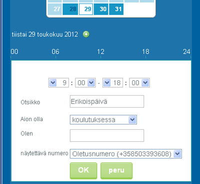 Elisa Oyj Elisa Ring 9 (52) Kuva 13 Tallenna Määrittele läsnäolo ja näytettävä numero tietyn päivämäärän mukaan seuraavasti: 1 Valitse haluamasi päivämäärä napsauttamalla