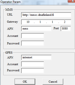 E-Mail Set valikko: - valitse sähköpostilähetykseen: gprs - valitse: Email OPERATOR PARAMETER KLIKKAA seuraavaksi Email Set jolloin alavalikko avautuu - syötä Sender email, esim: oma.nimi@mail.