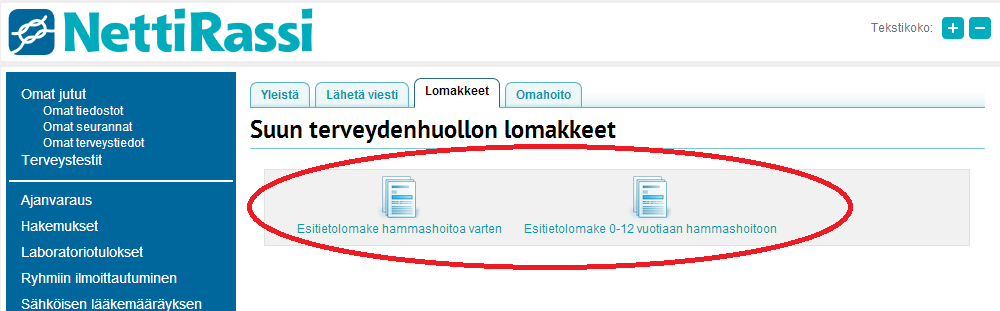 8.2. Suun terveydenhuolto Suun terveydenhuolto valikosta voit lähettää viestiä suuhygienistille.