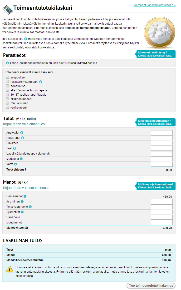 Täytä tiedot, ohjelma ilmoittaa laskelman tuloksen automaattisesti.