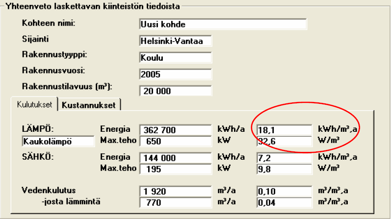 Kaukolämmitysenergian kulutus on tämän neljännen vaiheen arvion mukaan 18,1 kwh/m 3 (Kuva 8). Kuva 8. Esimerkkikoulun kaukolämmitysenergian kulutus on neljännen vaiheen arvion mukaan 18,1 kwh/m 3.