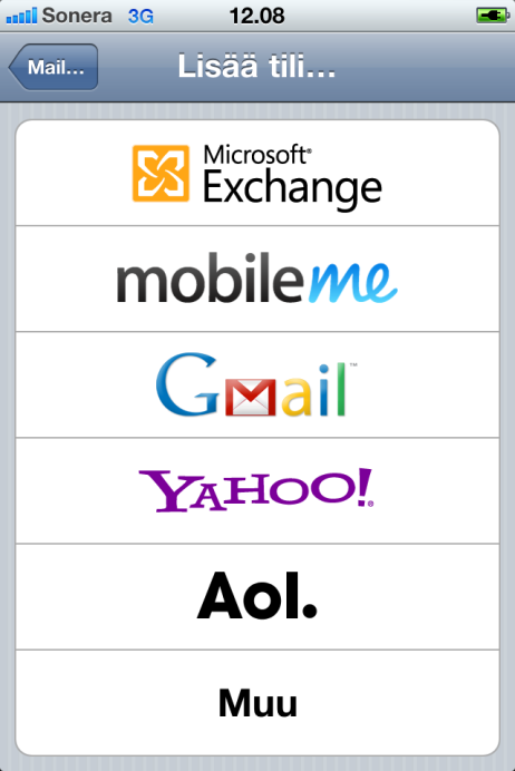 Valitse Lisää tili Valitse Microsoft Exchange Syötä