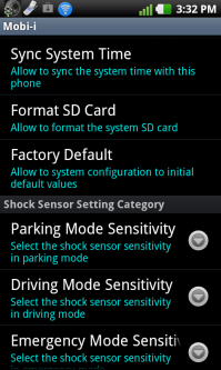 Parking Mode Sensitivity: Aseta iskuherkkyys pysäköintitilassa. (Asetusarvot: 1 minimiherkkyys - 5 maksimiherkkyys) Driving Mode Sensitivity: Aseta iskuherkkyys ajon aikana.