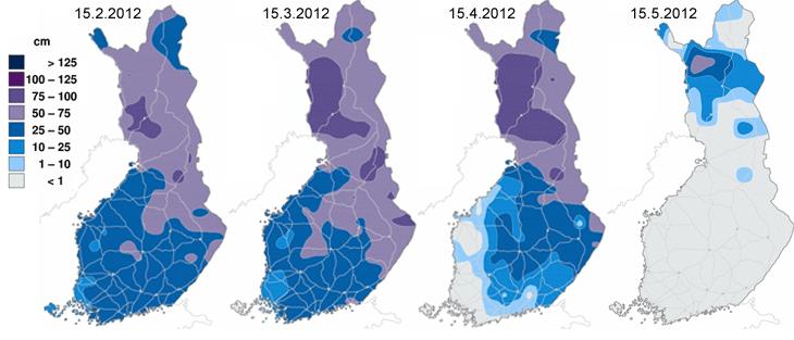 Kuukauden lopussa lunta oli Pohjois-Karjalassa 60-80 cm, kun sitä normaalisti on reilut 50 cm. Lumikuorma oli normaali, 76-102 kg/m².