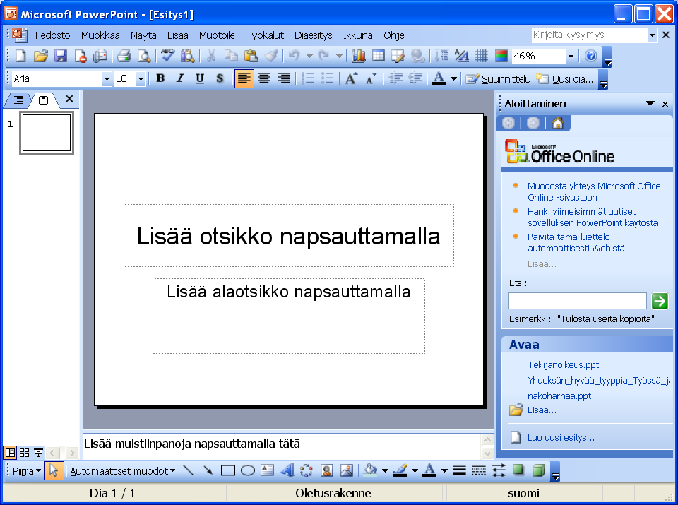 4 (25) Microsoft Excel perusteita 2 Käyttöliittymä 2.1 Yleisnäkymä Kun olet hetken odottanut, avautuu MS PowerPoint 2003 ohjelman ikkuna. 2.2 Työkalurivit 1.