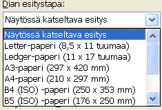 6 (25) Microsoft Excel perusteita 3 Dian rakenne 3.1 Yleistä Dia on periaatteeltaan valkoinen alue, johon lisätään tarpeellisia teksti-, kuva-, taulukko- tai muita objektikehyksiä. 3.2 Sivun eli dian asetukset Dian mittoja ja käyttötarkoitusta voidaan vaihtaa.