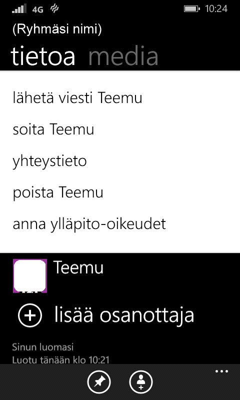 Tässä ikkunassa on näkyvillä ryhmäsi nimi ja kuva, sekä ryhmän jäsenet ja ylläpitäjät. Tässä ikkunassa on myös mahdollista muokata ryhmän kuvaa ja nimeä.