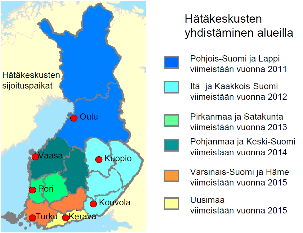 44 Kuva 2.1 Uudet hätäkeskukset ja niiden toiminta-alueet Kouvola = tekninen hätäkeskus 2.4 Pelastuslaitosten toiminnan kehittyminen 2.4.1 Hätäkeskusuudistuksen vaikutukset pelastuslaitoksissa Pelastustoimen tehtäviä hoitaa Suomessa 22 alueellista pelastuslaitosta kuvan 2.