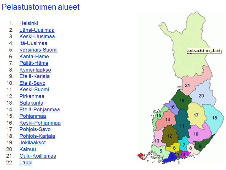 45 Kuva 2.2 Alueelliset pelastuslaitokset Muutamia askeleita yhtenäisten toimintaprosessien suuntaan on jo otettu: - Kenttäyksiköiden tunnistaminen - VIRVEn puheryhmät Luvuissa 2.4.2 2.4.3 kuvataan uudistuksia ja muutoksia, jotka ovat joko käynnistymässä tai käynnistyvät myöhemmin.