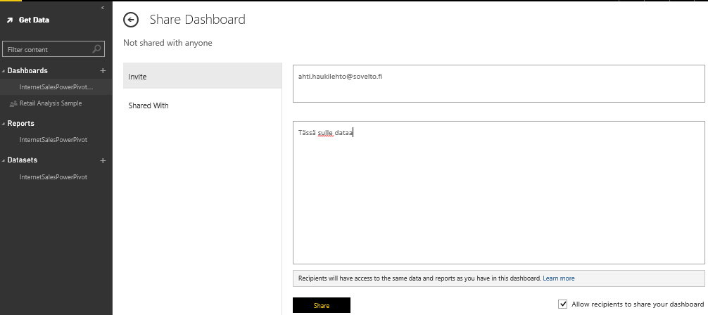 Power BI Site - Dashboards Toiminnot Dashboardille, mm.