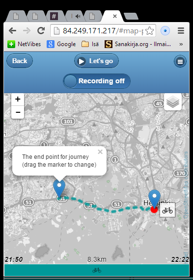 Navigaattorin esimerkkikäyttö (2) - Kohteen valinta Käyttäjä painaa kännykkänsä näytöllä kohdetta, johon aikoo pyöräillä Kartalla näytetään kohdemerkki Kartan