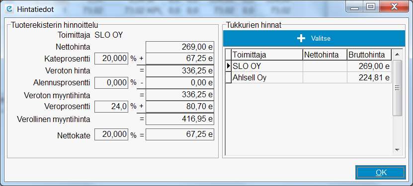 Mikäli tuote halutaan hinnoitella vertailemalla toimittajien antamia tuotehintoja, tapahtuu se painamalla tuotehaun Hintatiedot -painiketta.