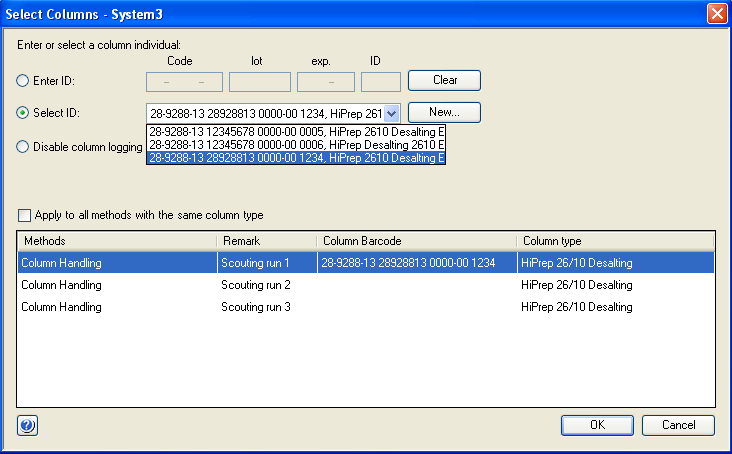7 Menetelmän ajaminen 7.3 Menetelmäajon käynnistäminen Vaihe 9 Toimi Toimi Select Columns -ikkunassa seuraavasti: Valitse Enter ID. Lue kolonnin tunniste 2D-viivakoodinlukijalla (kts. vaihe 7).