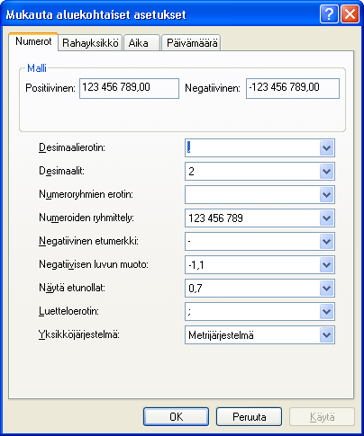 Ohjauspaneeli (Windows) asetukset Windows-käyttöjärjestelmän ohjauspaneelissa asetettavat asetukset vaikuttavat Taserissa päivämäärien, lukujen ja valuuttasymbolien syöttömuotoihin sekä tulosteiden