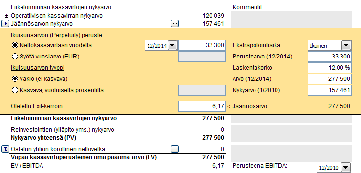 Oletettu Exit-kerroin Kun ikuisuusarvo/extrapolointi on käytössä, oletettu Exit-kerroin löytyy alhaalla ikuisuusarvolaskelmassa.