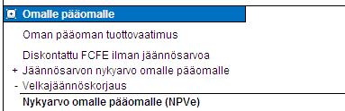 Velkajäännöskorjaus Kun teet kannattavuuslaskelmia oman pääoman kassavirtaan perustuen ja yrityksellä on taseessaan korollista pitkäaikaista vierasta pääomaa, kannattavuudesta tulee liiankin hyvä,