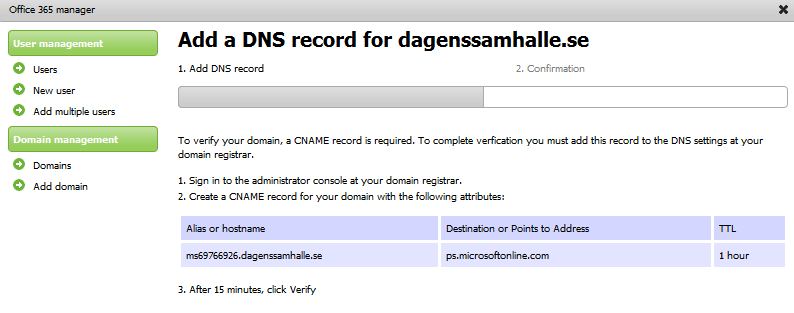 Seuraavassa vaiheessa saat CNAME-tietueen. Tämä tieto pitää kopioida ja se tulee päivittää nykyisiin DNS-asetuksiin toimialuerekisteröijänne järjestelmään.