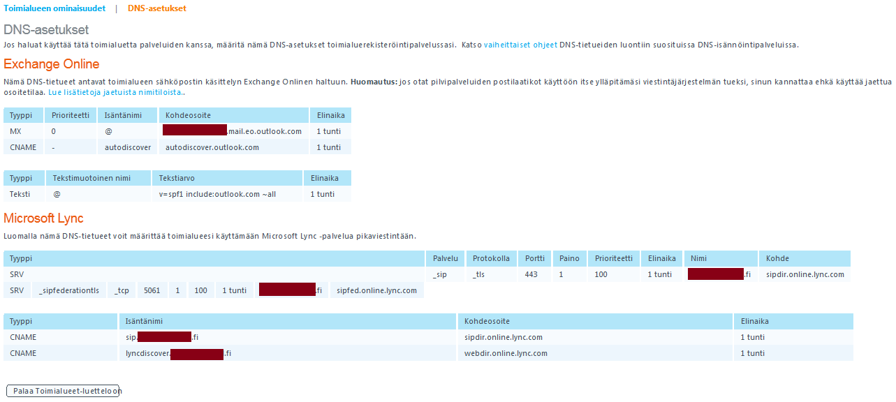 Huomioikaa, että Exchange Online DNS-asetuksiin tulee syöttää