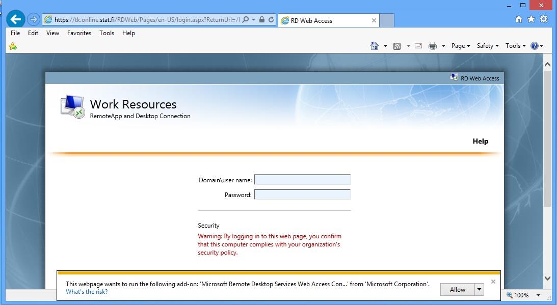 fi ja hyväksytään (Allow) ensimmäisellä käyttökerralla lisäosan asennus This webpage wants to run the following add-on: Microsoft Remote