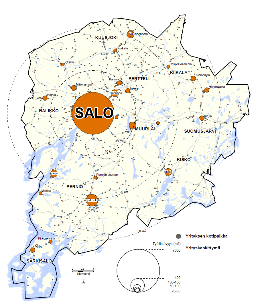 Vuoden 2007 tasossa Salossa o li 4 230 yritystä, joissa oli yhteensä 26 359 työpaikkaa.