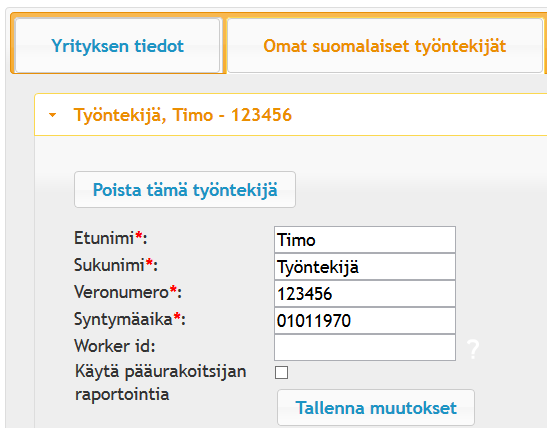 Työntekijätietojen muokkaaminen tai poistaminen Voit muokata tai poistaa työntekijätietoja selaamalla luettelossa kyseisen henkilön kohdalle ja avaamalla työntekijätiedot työntekijän nimeä