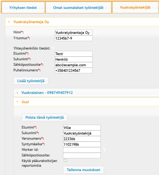 4.4 Vuokratyöntekijät Vuokratyöntekijät-välilehdellä voidaan lisätä, muokata ja poistaa vuokratyöntekijöiden tietoja.