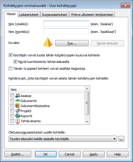9. Muita suojausasetusparannuksia 9.1 Uusien kohteiden oletussuojausasetukset Voit määritellä uusille kohteille oletussuojausasetuksen kohdetyyppikohtaisesti.