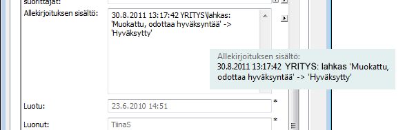 Allekirjoituksen sisältö (manifestaatio) näkyy kohteen metatiedoissa (metatietokortissa ja ominaisuusalueella).