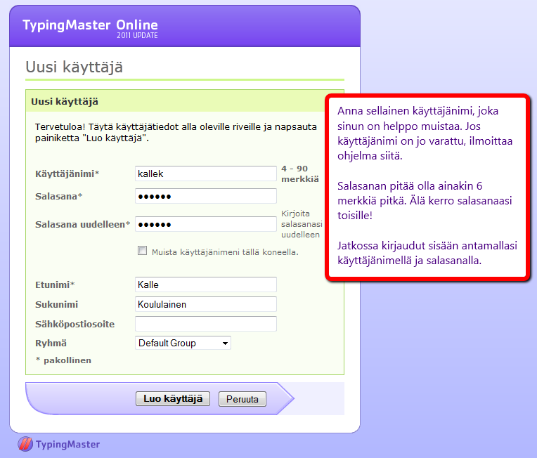 LIITTEET Liite 1: Sisäänkirjautuminen Jokaisella koululla on oma TypingMaster Online-tili, jolla on uniikki, kahdeksasta merkistä koostuvat tunnus (id).