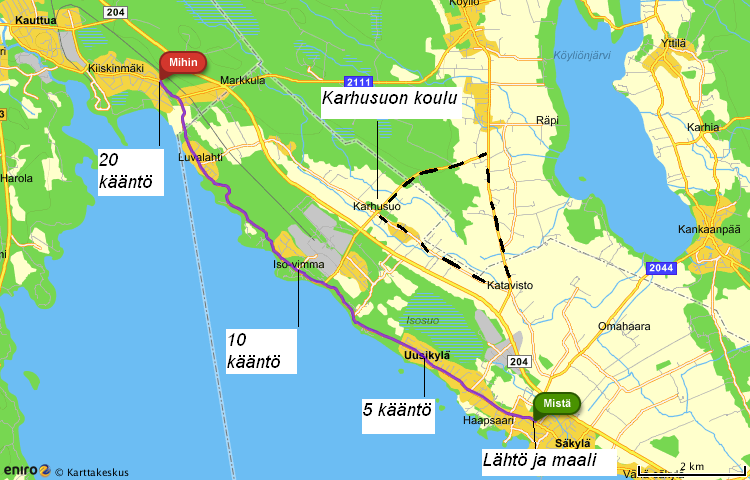 Karhusuon koulun katkoviiva reittiä ei ajeta. Ajetaan vain Rantatietä edestakaisin. Merkityt kääntöpaikat ovat 5 km, 10 km ja 20 km.. 5. KILPAILIJAT ILMOITTATUMINEN Kilpailuihin tulee ilmoittautua viimeistään 24.