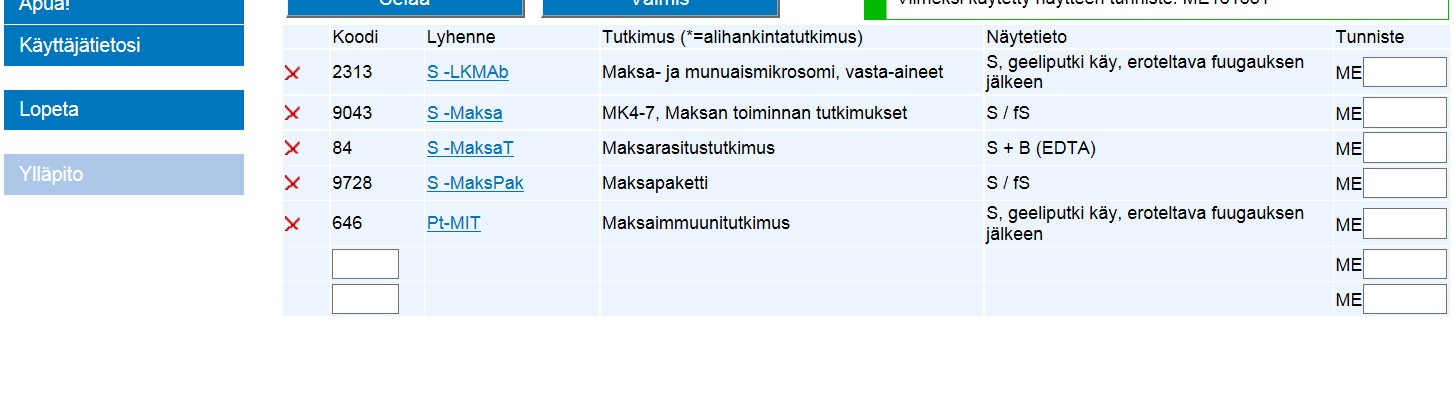 Sivu 6/13 PIKAVALINTA, NÄYTENUMERO ja NÄYTETARRA Pikavalinta -toiminnolla voit valita tutkimuksia lähetteelle tilauskoodin avulla.